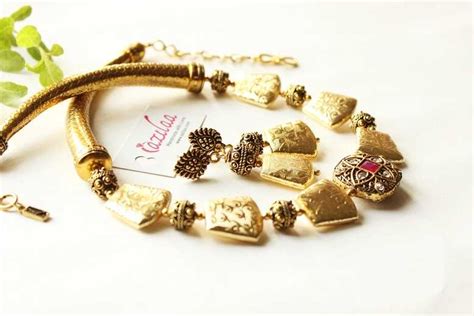 Ethnic Choker Beaded Antique Golden Necklace Earrings Set At Azilaa