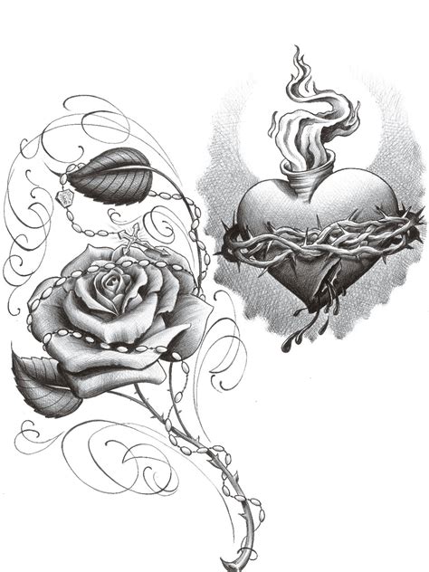 Heart and Rose Drawings in Pencil