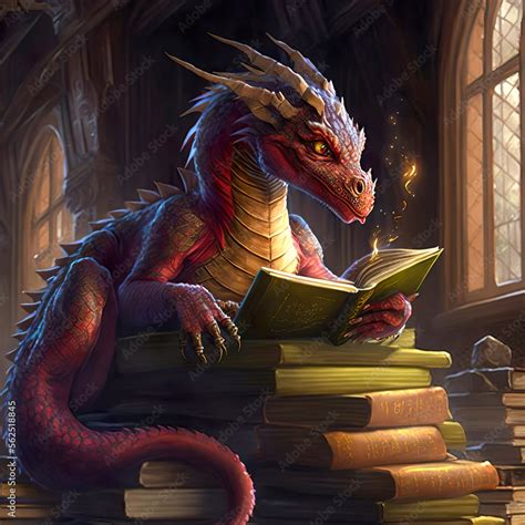 A Red Dragon Laying On A Pile Of Books In A Library And Reading A