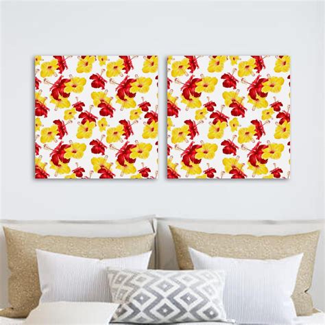 Ownta Yellow Red Gibiscus Flowers Floral Pattern 2pc Canvas Wall Art