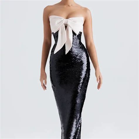 Ocstrade Sexy Party Elegant Maxi Dress Black Sequin Strapless Bow Dress