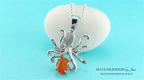 Large Orange Sea Glass Octopus Pendant | Only 1 Available | Free Ship!