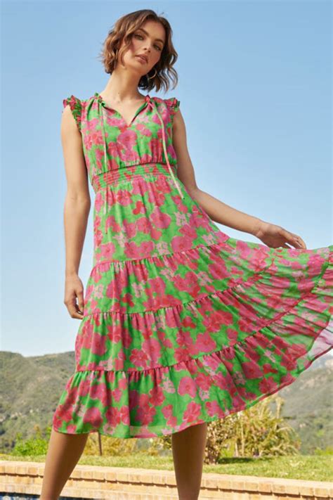 Sandia Floral Pisces Smocked Midi Dress Poshture Boutique