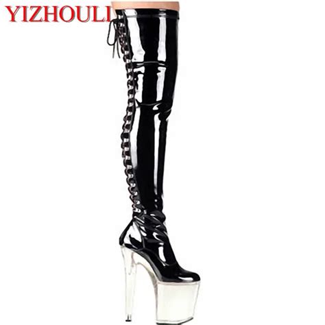 20cm High Heel Over Knee Pole Dancing Boots Black Thigh High Boots Fetish 8 Inch Platform High