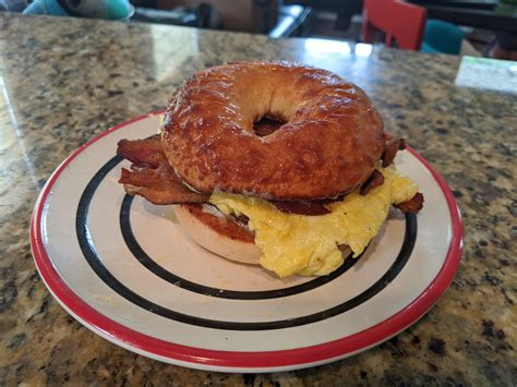 Homemade Bacon Egg And Cheese Breakfast Bagel With A Garlic And