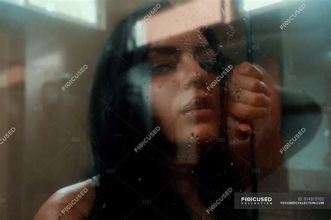 Sensual Naked Brunette In Shower Temptation Tender Stock Photo