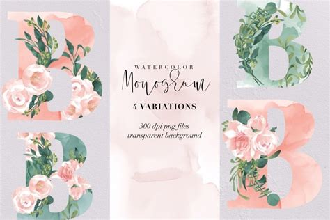 Letter B watercolor monogram, floral monogram PNG, botanical