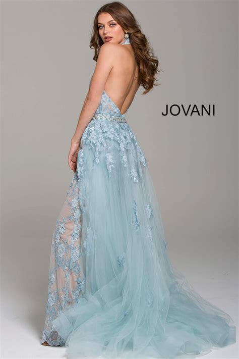 Light Blue Lace Halter Neck Prom Jumpsuit 60124 Jovani