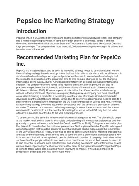 Pepsico Inc Marketing Strategy | PDF | Pepsi Co | Coca Cola