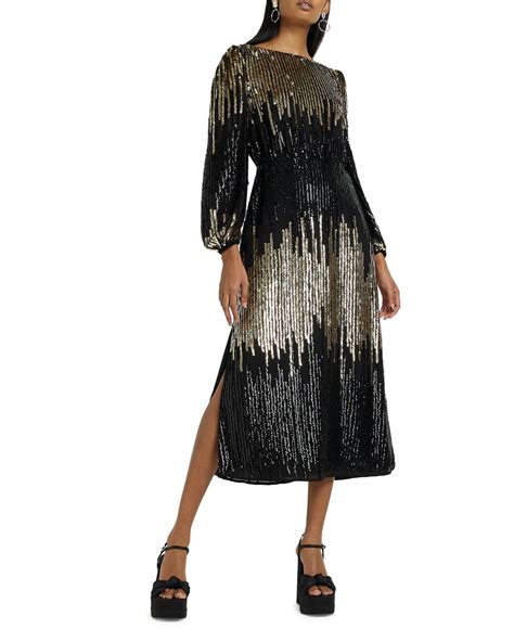 River Island Sequin Long Sleeve Midi Dress In Black Lyst