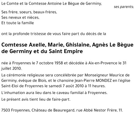 Avis de décès de Axelle Marie Ghislaine Agnès Le Bègue de Germiny