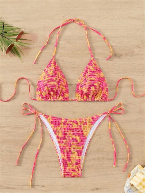 SHEIN Swim Conjunto de bikini sexy de corbata teñida para mujer con