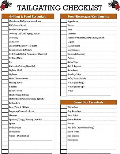 Laminated Tailgating Packing Essentials Checklist - Ultimate List to ...