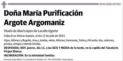 María Purificación Argote Argomaniz Esquela El Correo