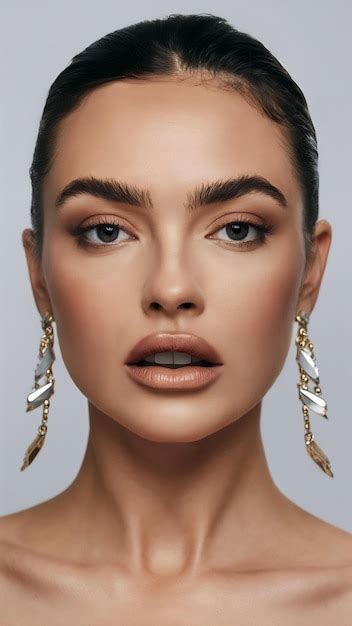 Close Beauty Portrait Of A Topless Woman With Perfect Skin And Natural Makeup Plump Nude Lips On