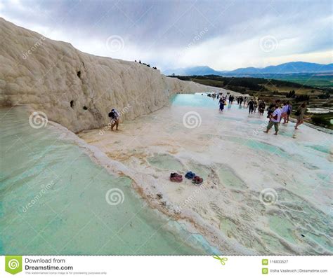 Natural Travertine Pools and Terraces in Pamukkale Closeup in ...