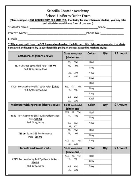 Fillable Online Scintilla Charter Academy School Uniform Order Form Fax ...