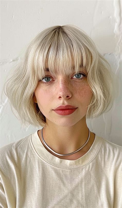 Chic Bob Haircuts With Bangs Platinum Blonde Bob With Blunt Bangs