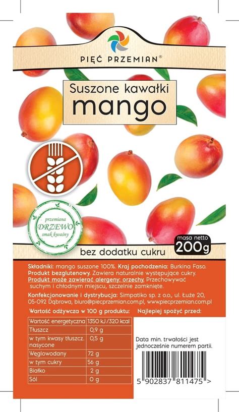 PIĘĆ PRZEMIAN Mango suszone bezglutenowe 200 g PIĘĆ PRZEMIAN Sklep