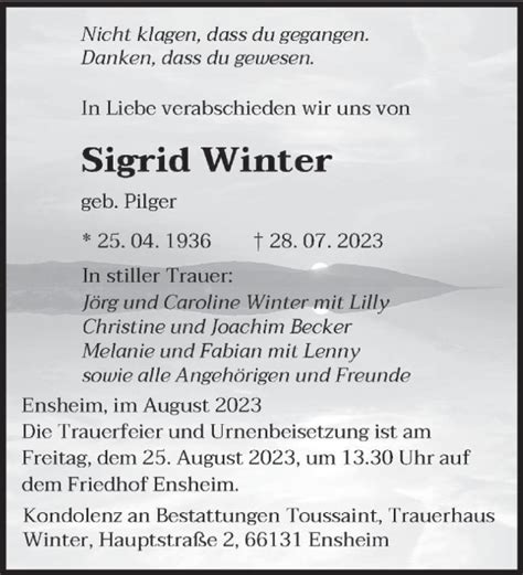 Traueranzeigen Von Sigrid Winter Saarbruecker Zeitung Trauer De