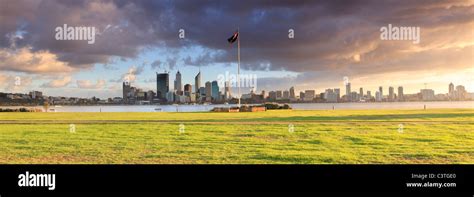 Panoramic Of The South Perth Foreshore Australian Flag Swan River And