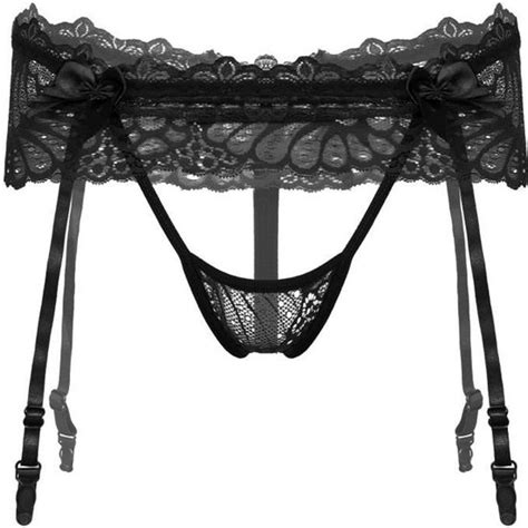 YONGHS FR String Sissy Homme Sexy Lingerie Erotique Slip Porte Jarretelle Tanga Ouvert Dentelle