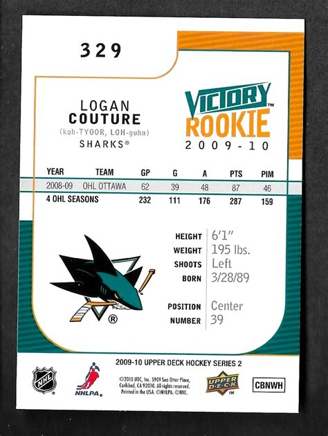 Logan Couture 2009 10 Upper Deck Victory Rookie Rc Card 329 Sharks Ebay