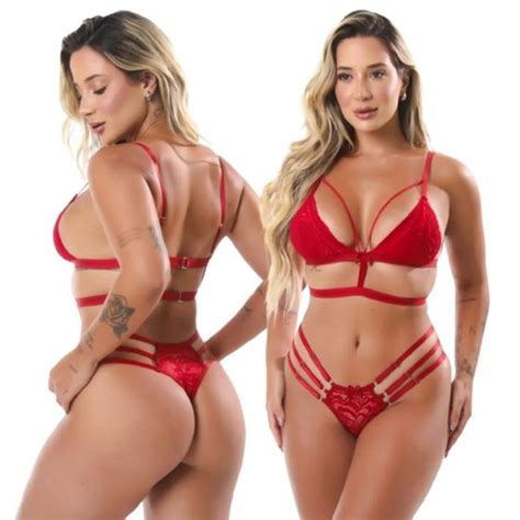 Conjunto Gladiador Lingerie Feminino 3 Tiras Strappy Íntimo Renda