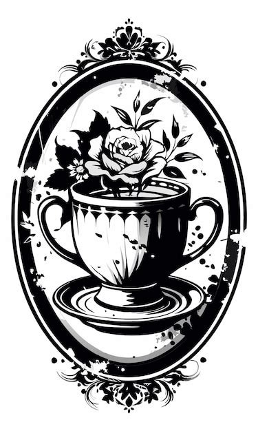 Premium Vector | A black and white drawing of a cup with a flower in it