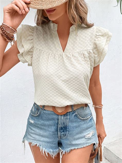 Shein Lune Blusa De Cuello Notch De Manga Mariposa Ribete Con Fruncido