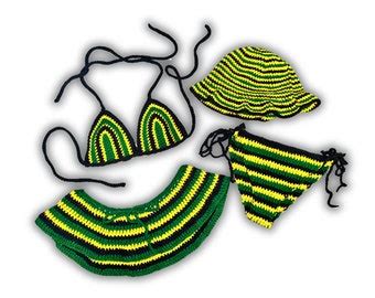 Handmade Jamaica Rasta Crochet Bikini Piece Set With Micro Mini Skirt And Bucket Hat Etsy