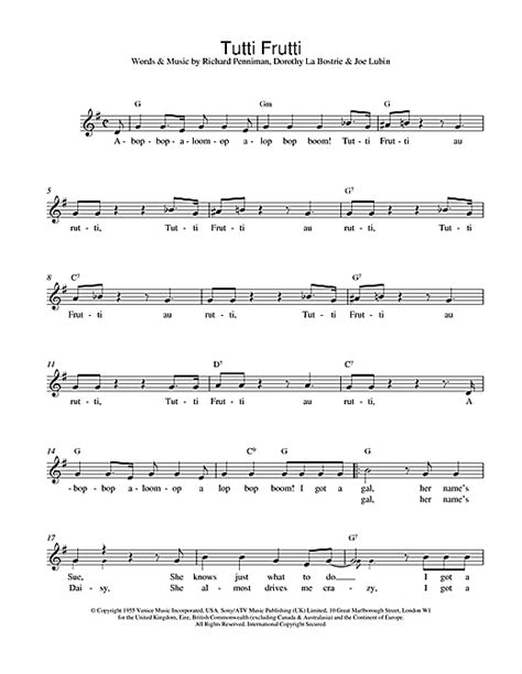 Chuck Berry "Tutti Frutti" Sheet Music for Lead Sheet / Fake Boo ...