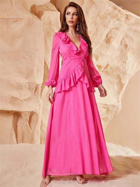 Ruffle Trim Lantern Sleeve Chiffon Maxi Dress Shein Usa