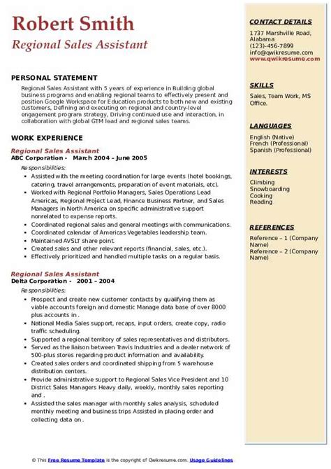 Regional Sales Assistant Resume Samples Qwikresume