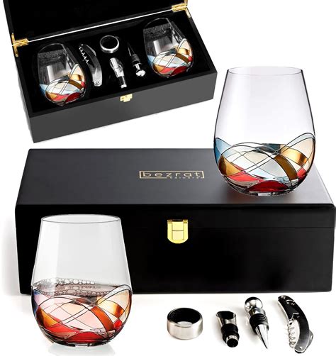 Stemless Wine Glasses Gift Set Two Hand Painted Large Premium Red