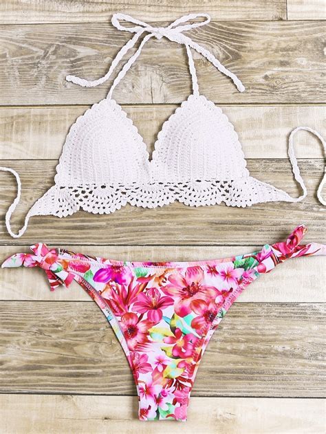 Floral Print Crochet Mix Match Bikini Set