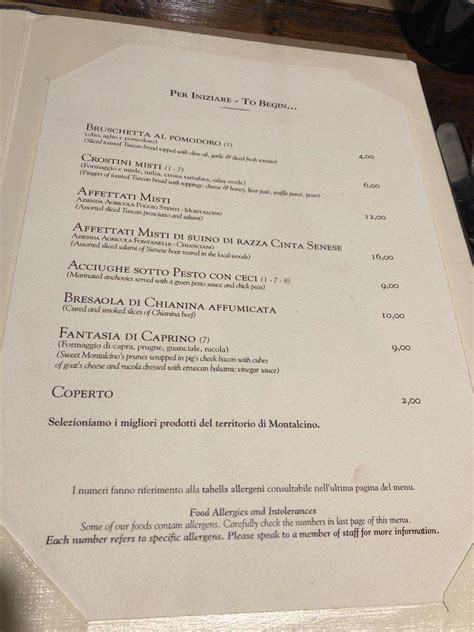 Menu at Taverna del Grappolo Blu restaurant, Montalcino