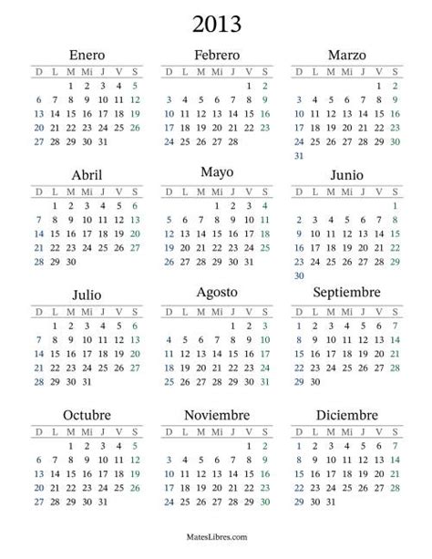 Calendario Del A O Con El Domingo Como Primer D A