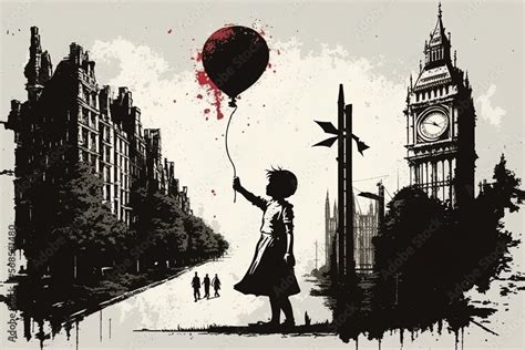 an illustration of London city in the street art style of Banksy ...