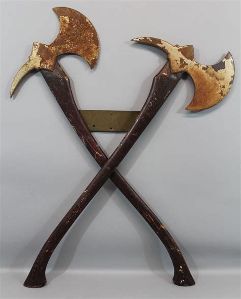 Pair Antique Firemans Crossed Viking Fire Axe Fire Department Hall