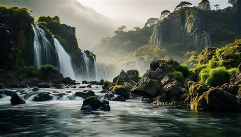 Majestic Mountain Range Tranquil Scene Waterfall Flowing In Nature