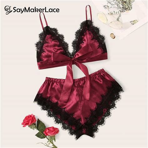 Set Lingerie Sexy Bra Set Women S Sleepwear Sleeveless Strap Lace Trim Satin Cami Tops Pajama