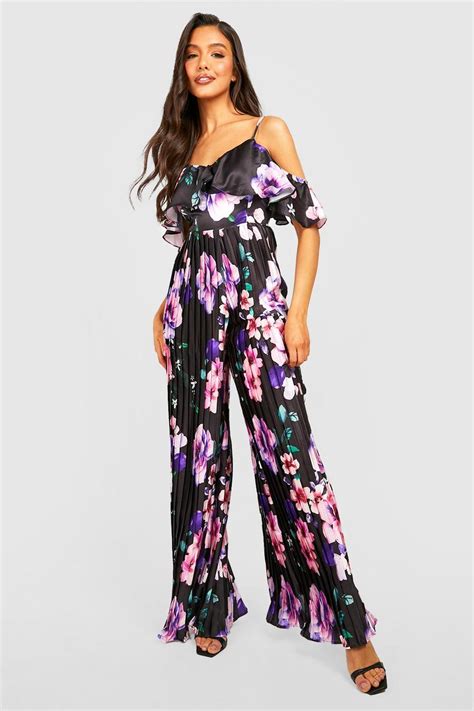 Pleated Floral Satin Wide Leg Jumpsuit Boohoo Uk