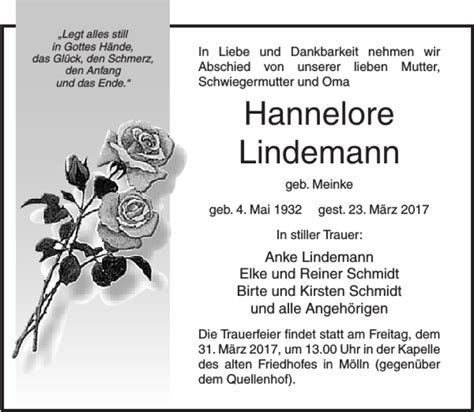 Traueranzeigen Von Hannelore Lindemann Trauer Anzeigen De