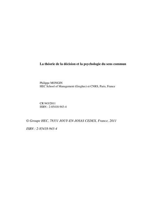 PDF La théorie de la décision et la psychologie du sens commun