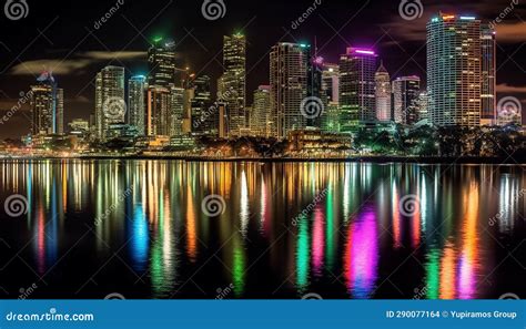 Illuminated City Skyline Reflects Vibrant Colors On Water At Dusk