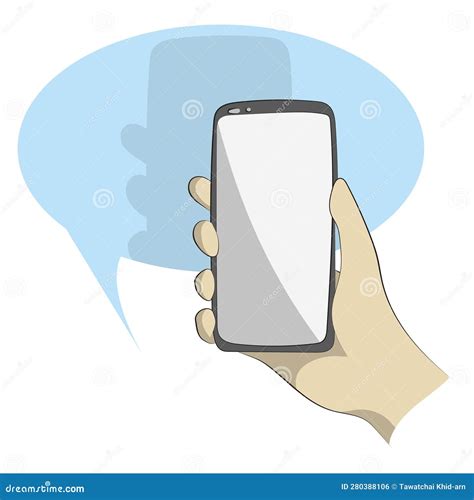 Line Art Closeup Hand Holding Smartphone On Blue Speech Bubble