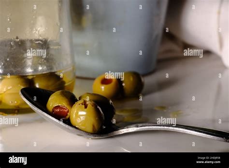 Macro Still Life Of Spanish Green Olives Stuffed With Pimiento Stock