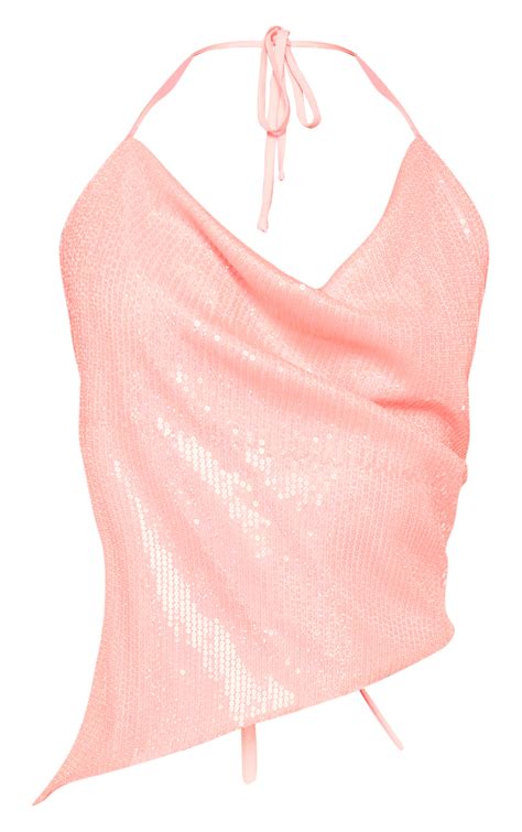 Hot Pink Sequin Cowl Halter Crop Top Tops Prettylittlething