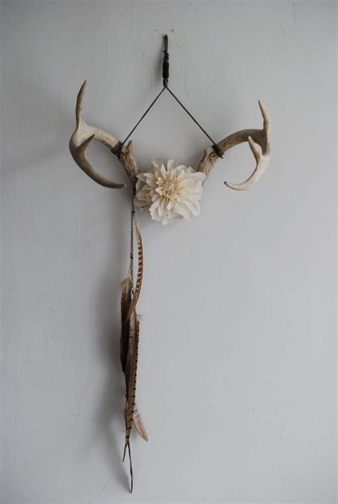 A Deers Antlers And Flowers Hang On The Wall In Front Of A White Wall